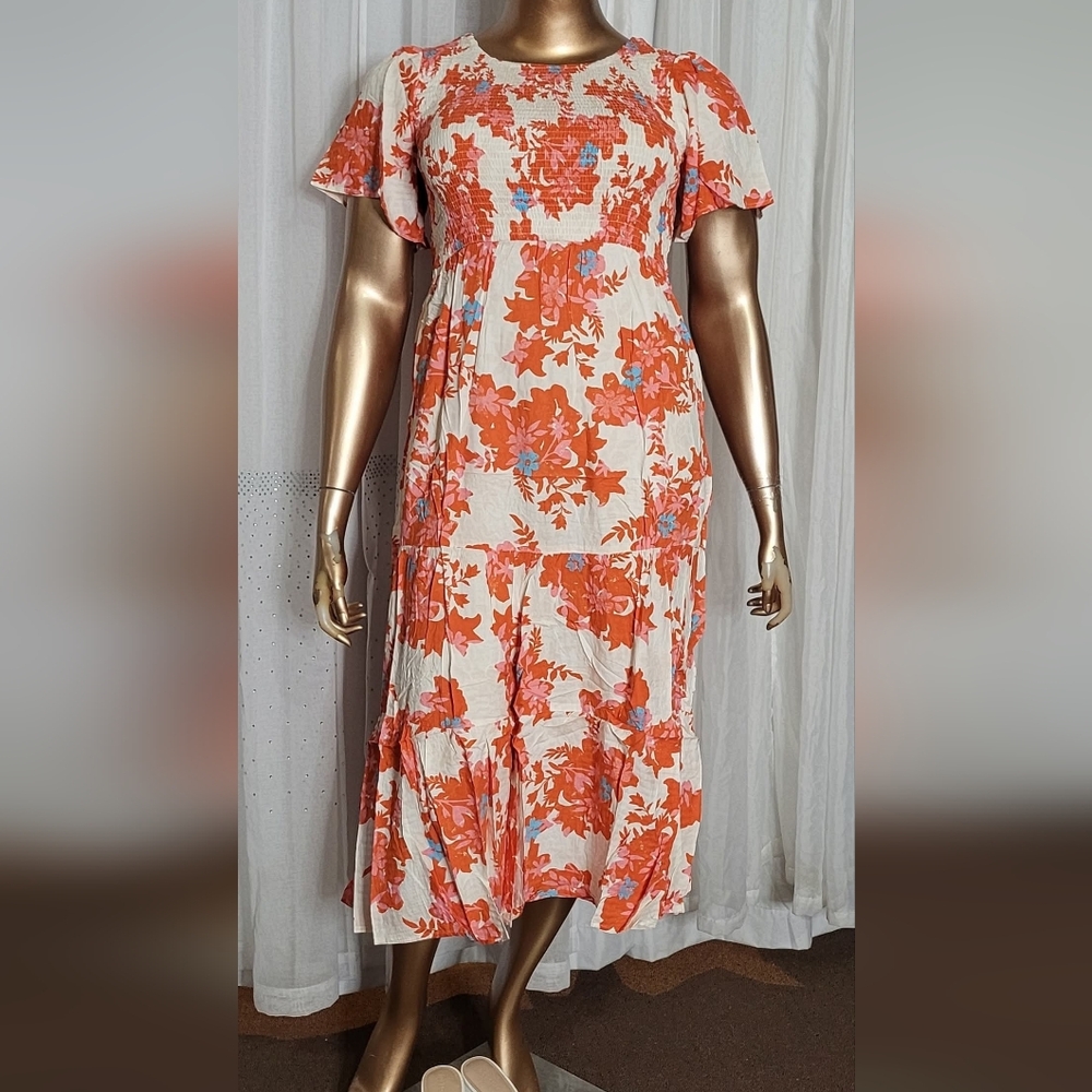 Elegant Floral Maxi Dress in Orange,Pink and White